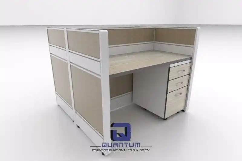 Persona trabajando concentrada en una estación de trabajo individual, con paneles divisorios para privacidad.