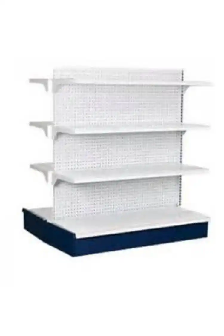  Estantería de exhibición comercial de metal blanco con base azul, ideal para supermercados, farmacias o tiendas minoristas, mostrando múltiples niveles para productos.