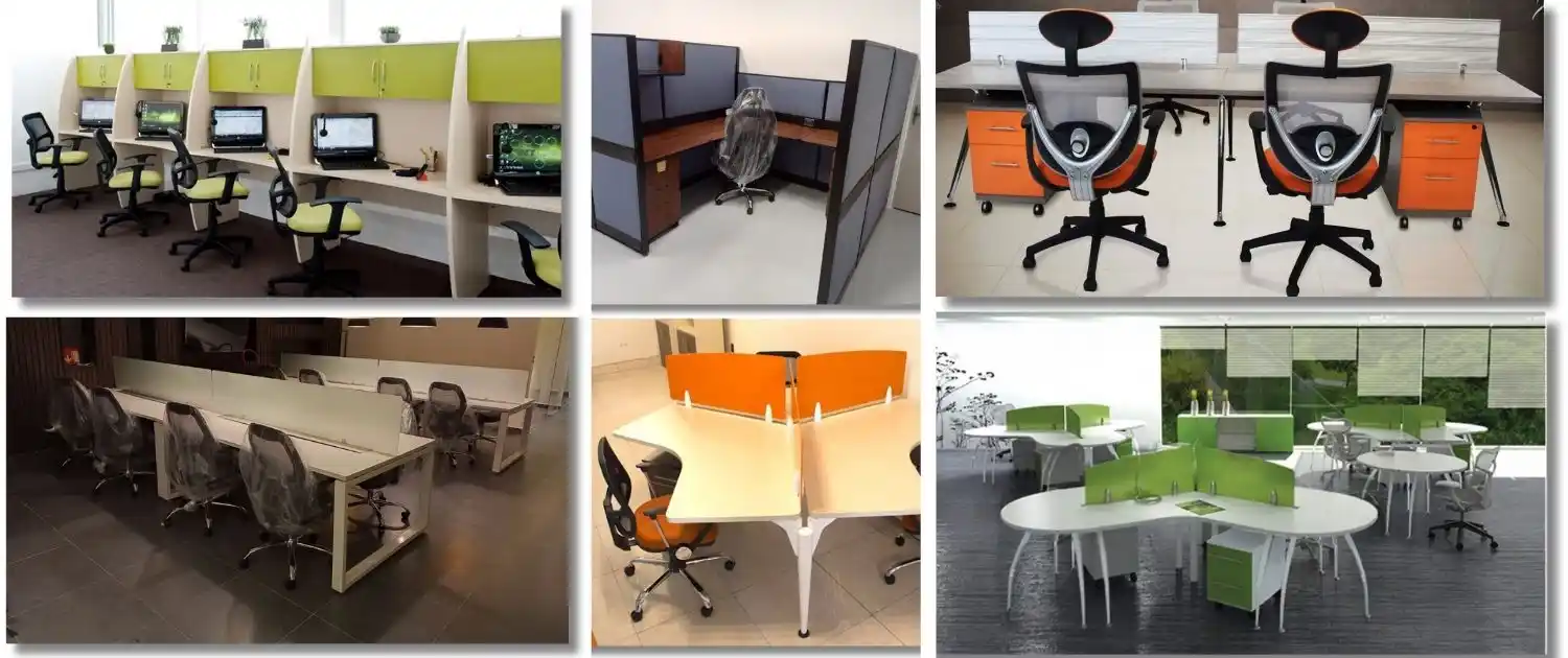 Muestra visual de diferentes configuraciones de estaciones de trabajo: colaborativas, individuales y ejecutivas, en un entorno de oficina.