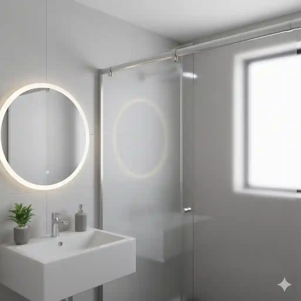 Cancel abatible de apertura completa para una ducha que requiere máxima accesibilidad en un centro de rehabilitación