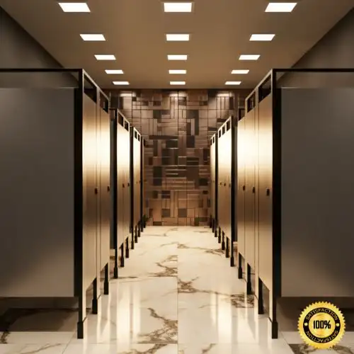 Baños con mamparas de acero inoxidable cepillado, reflejando una estética limpia y profesional.