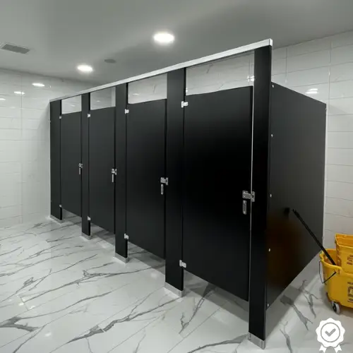 Mamparas sanitarias en pachuca Hidalgo Mamparas sanitarias de color Negro en un baño público amplio y luminoso, ideales para negocios en Pachuca y sus alrededores.