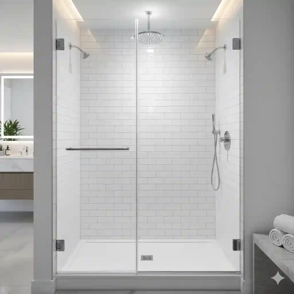 Cancel de baño minimalista de cristal templado con puerta abatible, herrajes de cromo y barra toallero horizontal. Instalación profesional en Guadalajara, Zapopan y Jalisco.