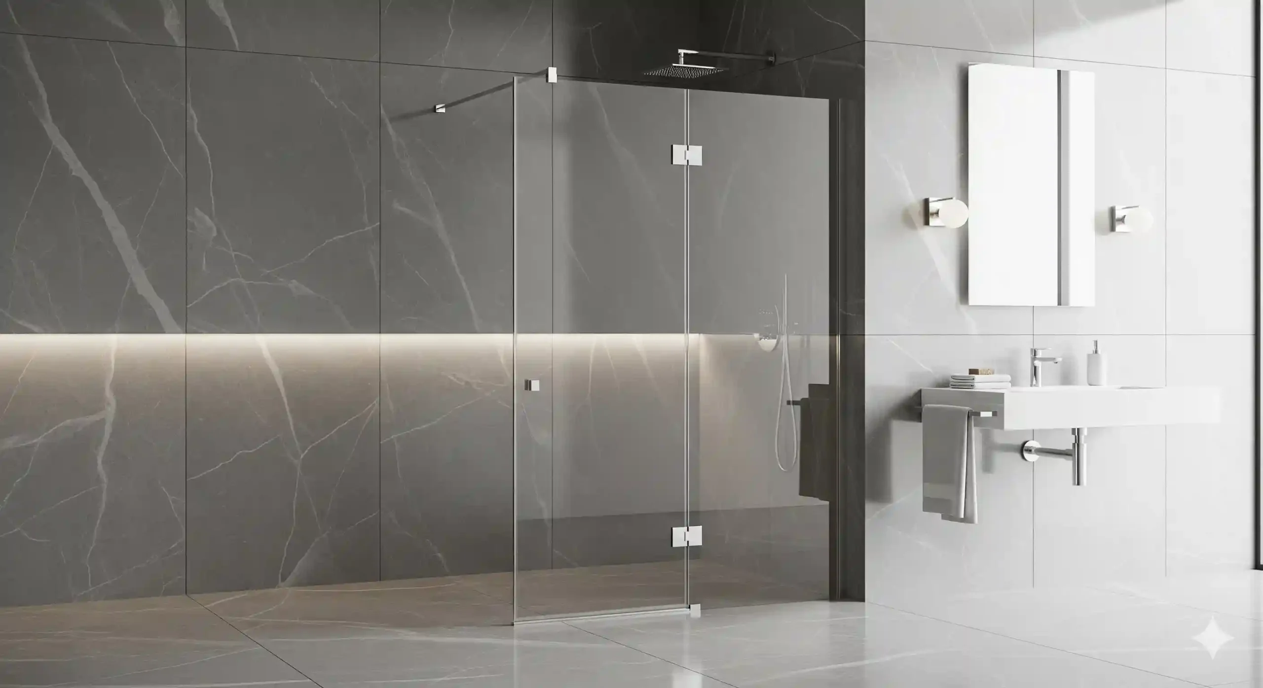 Cancel de baño abatible de vidrio templado de lujo con herrajes de acero inoxidable. Servicio de instalación de canceles en Guadalajara, Zapopan y ZMG.