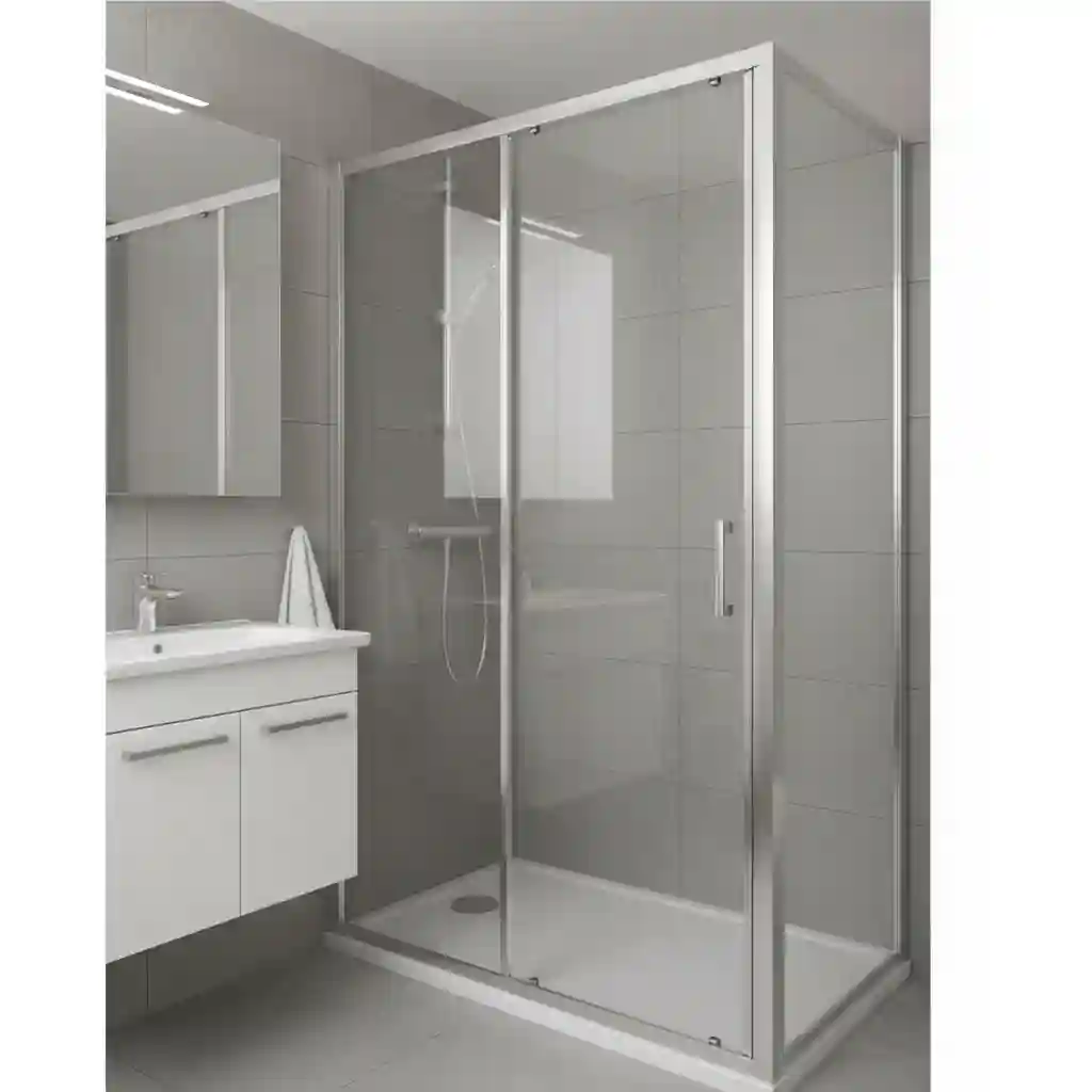 Cancel de baño corredizo de vidrio templado con marco de aluminio cromado, ideal para optimizar el espacio en baños modernos. Servicio de instalación de canceles en Guadalajara, Zapopan y la ZMG.