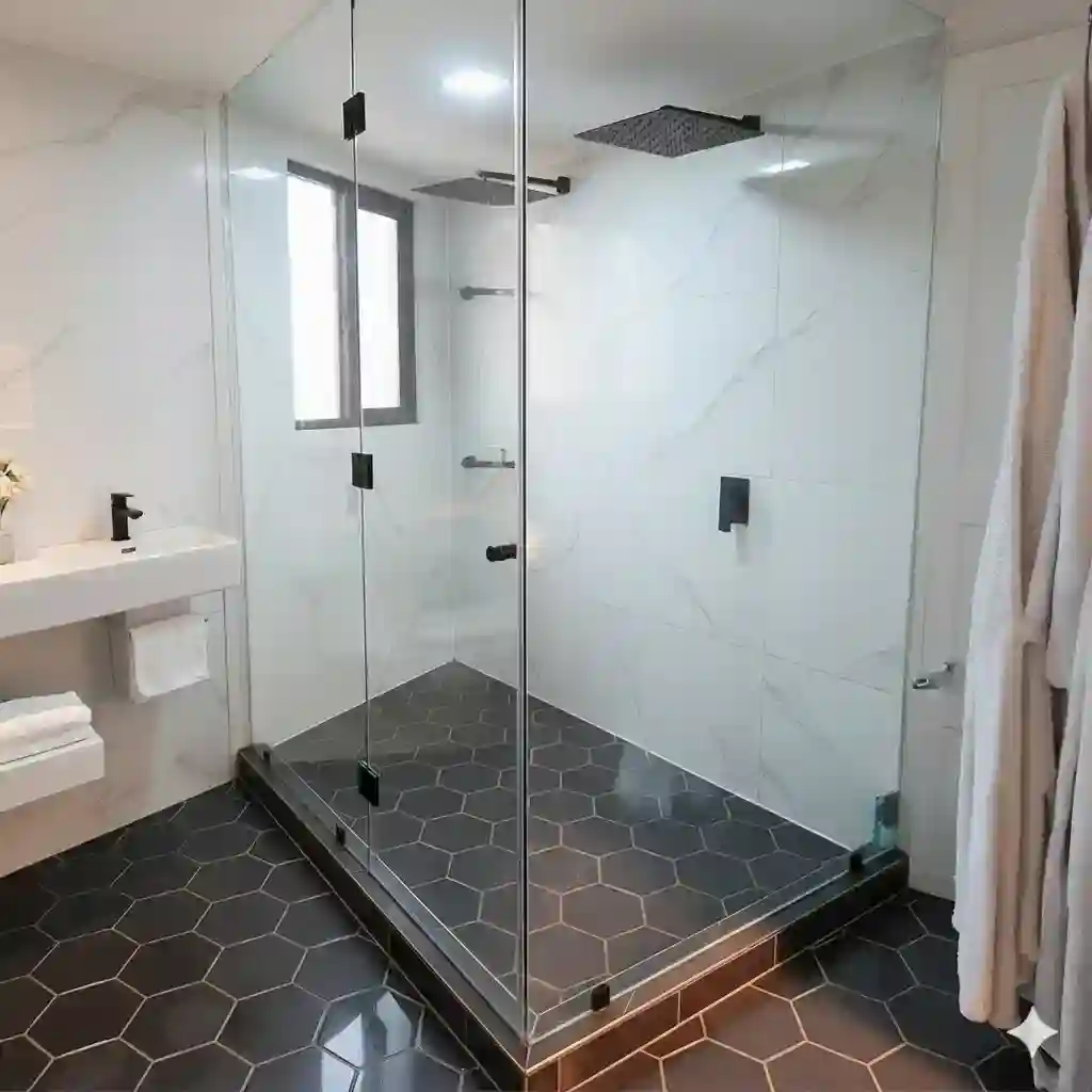 Moderno cancel de baño de esquina con vidrio templado transparente y herrajes negros, ideal para duchas amplias. Expertos en instalación de canceles de baño en Guadalajara, Zapopan y sus alrededores.