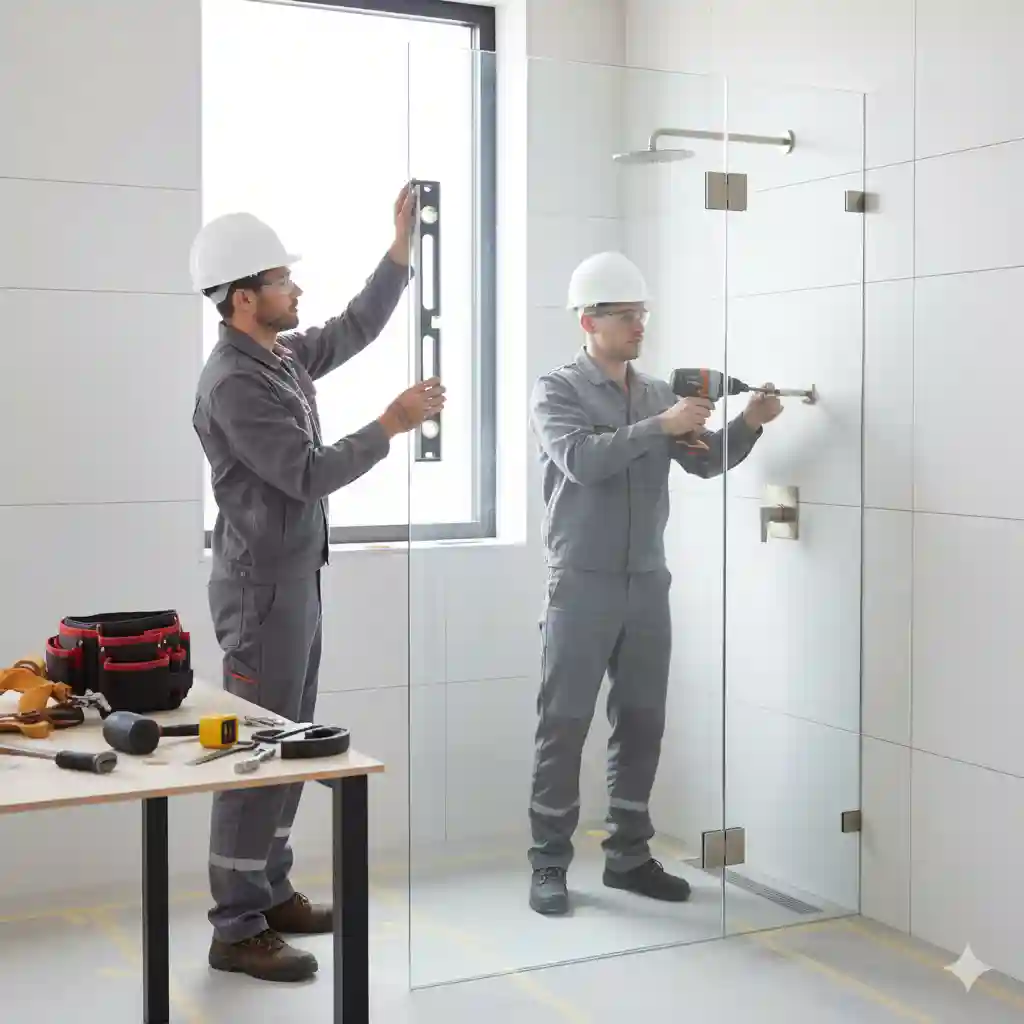 Técnicos instalando un cancel de ducha de vidrio templado sin marco. Expertos en montaje e instalación de canceles para baños residenciales y comerciales en Parque Industrial Tlajomulco