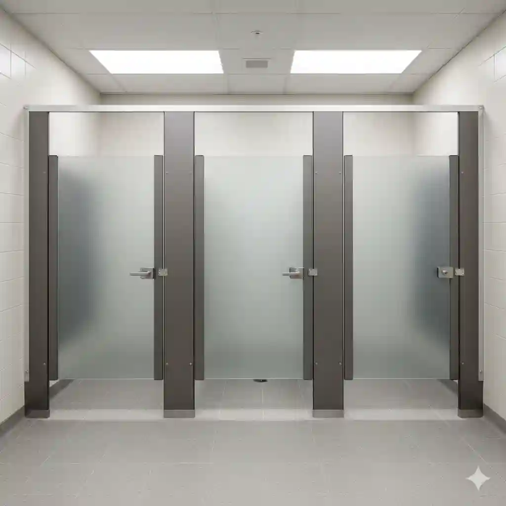 Módulos de mamparas sanitarias en vidrio esmerilado y estructura de aluminio para baños corporativos. Especialistas en proyectos de alto tráfico en Guadalajara y Zapopan.