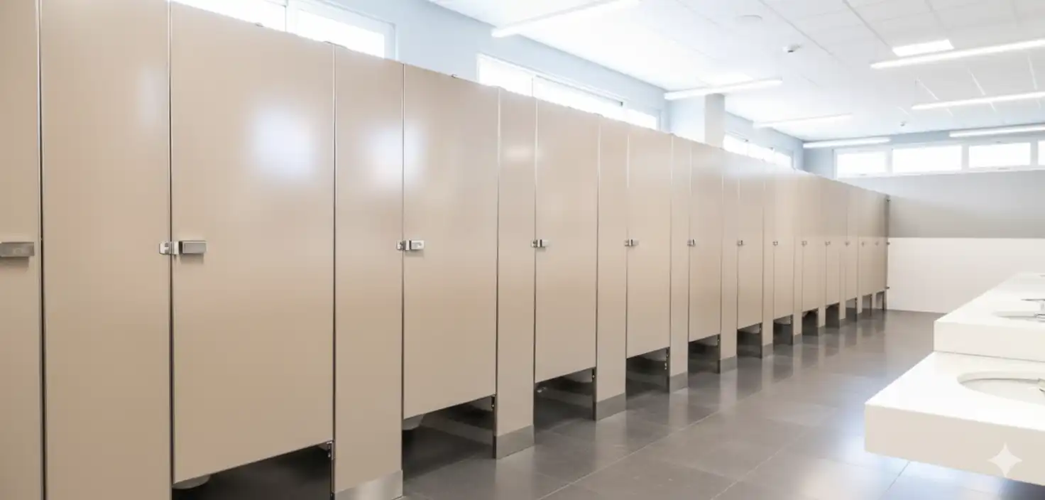 Instalación de Mamparas Sanitarias Modernas para Baños de Alto Tráfico en Querétaro. Larga fila de mamparas sanitarias de color beige/arena con diseño moderno, instaladas en un baño público de alto tráfico en un corporativo de Querétaro.