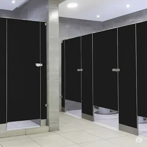 Mamparas Sanitarias Porcelanizadas en Acero para Proyectos Corporativos en Querétaro. Baño moderno con mamparas porcelanizadas color negro o antracita. Ofrecen máxima resistencia al rayado y fácil limpieza en instalaciones comerciales de Querétaro.