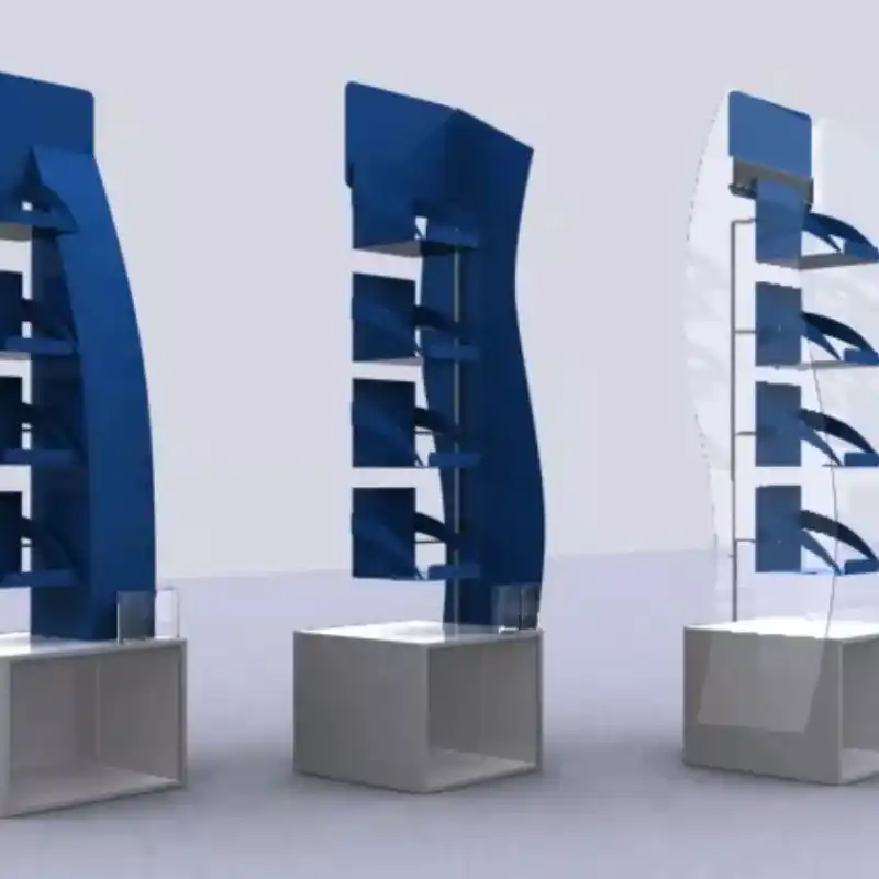 Renderizado 3D de displays punto de venta modulares y personalizados, diseñados por fabricante exhibidores para maximizar ventas en un centro comercial de Toluca, Estado de Mexicoz.