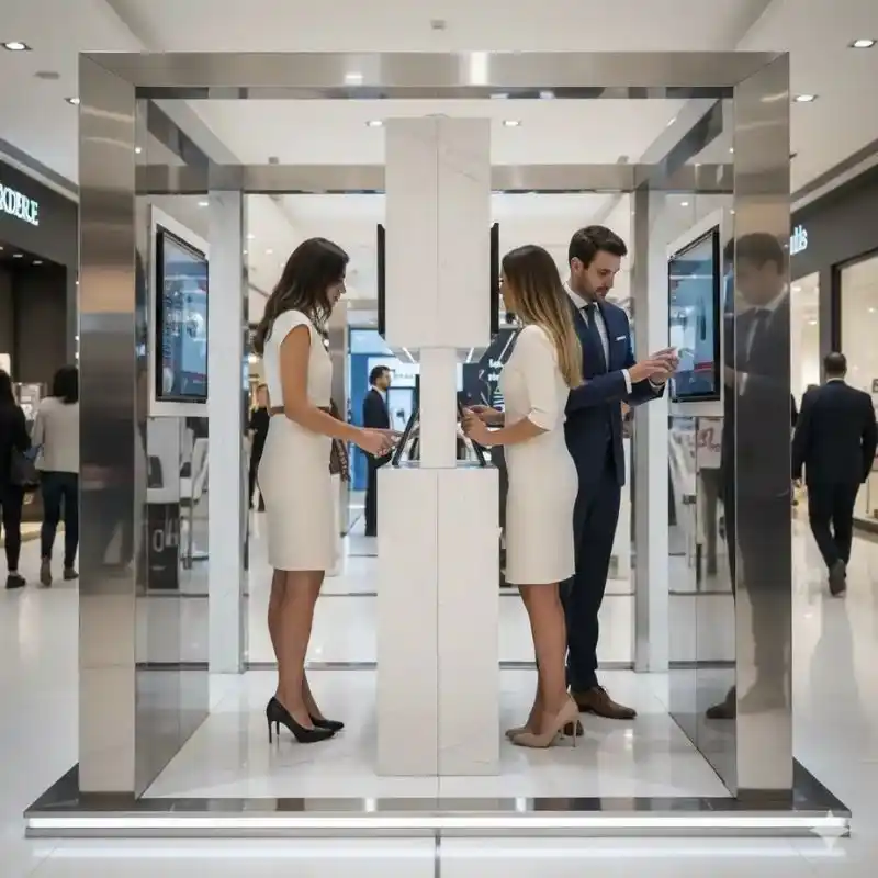 Huixquilucan, Estado de México: Kiosco de experiencia premium con estructura de acero inoxidable, pantallas interactivas y personal de ventas. Solución de exhibición de lujo para tecnología.