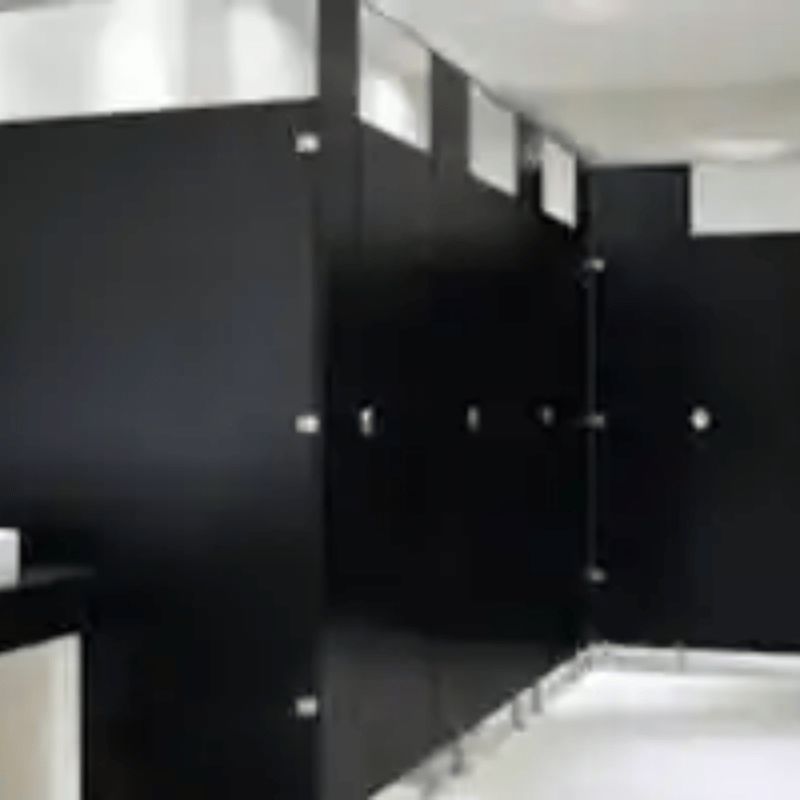 Mamparas para baños de sólido fenólico tono nogal y mamparas porcelanizadas de alto tráfico instaladas en el Hotel Boutique Real de Aguascalientes.