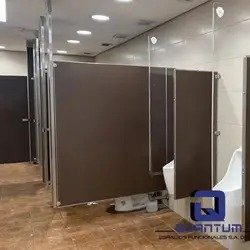 Mamparas divisorias de Panealart melamínico para sanitarios comerciales y corporativos en Michoacán, instaladas por Mamparas Funcionales S.A. de C.V.