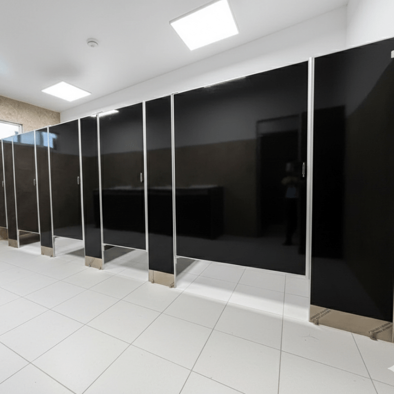 Mamparas Sanitarias Porcelanizadas Negras — Hospital Corporativo Miguel Hidalgo, Ciudad de México Mamparas sanitarias porcelanizadas en acabado negro con herrajes de acero inoxidable, instaladas en sanitarios de hospital corporativo en Miguel Hidalgo, Ciudad de México