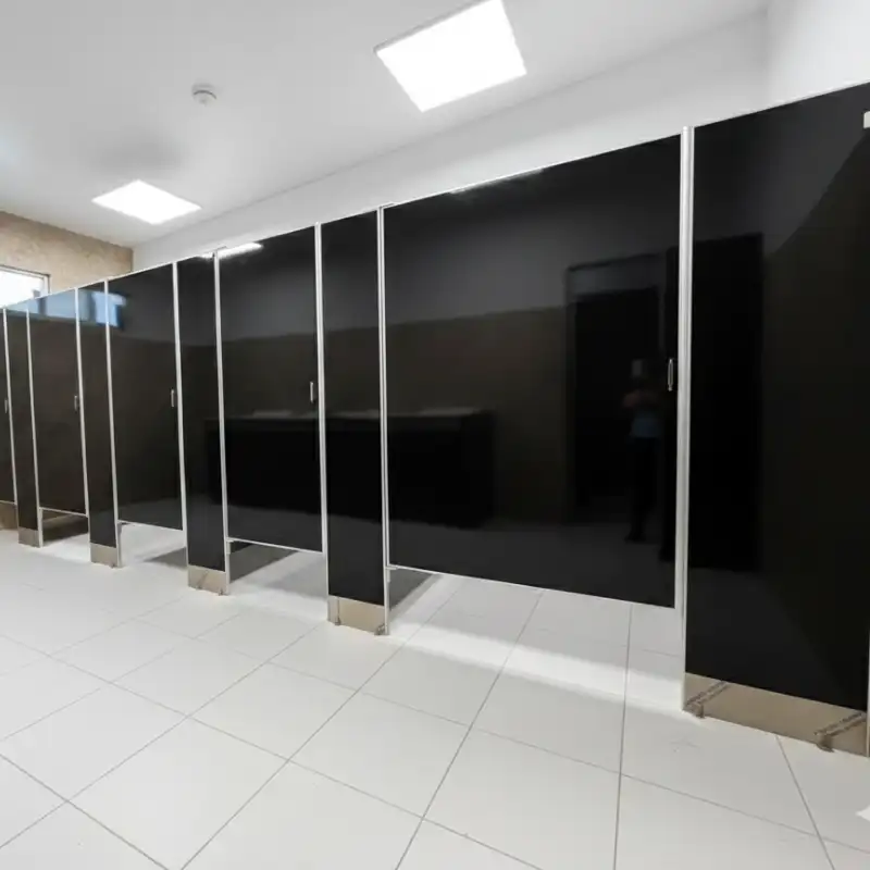 Mamparas sanitarias de sólido fenólico color negro con herrajes de acero inoxidable, instaladas en centro comercial de alto tráfico en Villahermosa, Tabasco