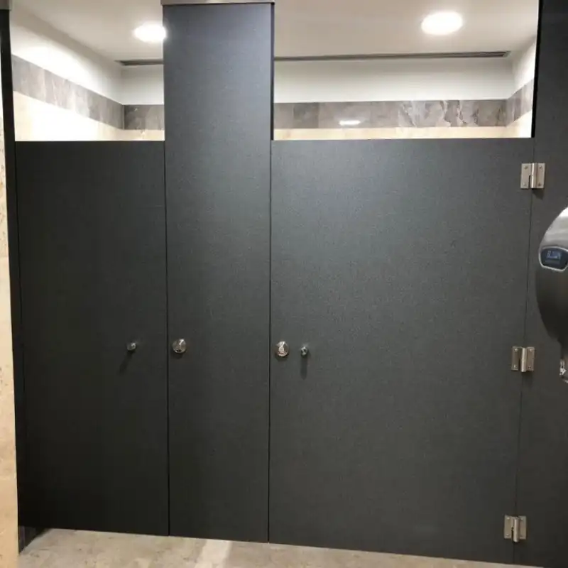 Mamparas sanitarias de sólido fenólico color antracita con herrajes cromados instaladas en sanitarios de hotel boutique en Bahía de Cacaluta, Huatulco, Oaxaca