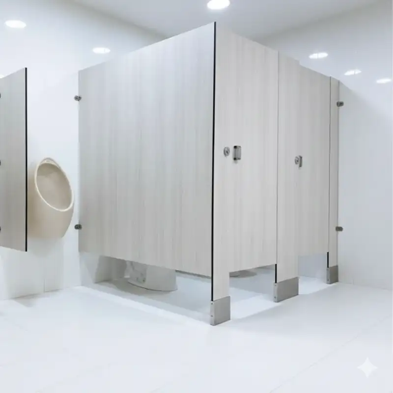 Mamparas de Sólido Fenólico Antivandalismo — Campus Universitario Coyoacán, Ciudad de México Mamparas sanitarias de sólido fenólico en acabado veta madera clara con herrajes de acero inoxidable, instaladas en campus universitario en Coyoacán, Ciudad de México