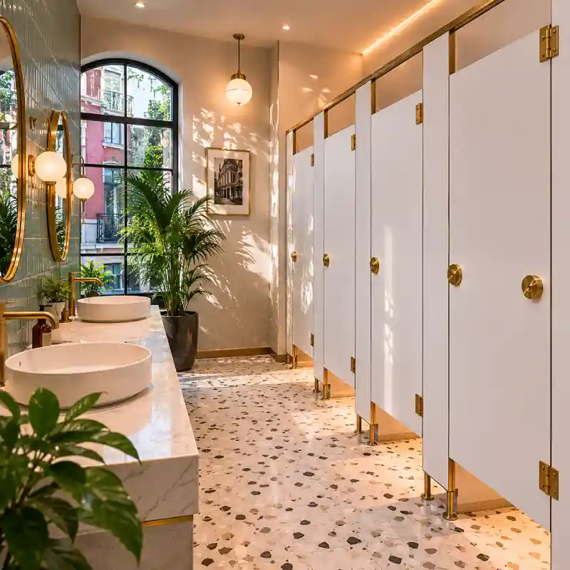  Mamparas sanitarias porcelanizadas blancas instaladas en baño de hotel boutique de la Roma Norte, Cuauhtémoc