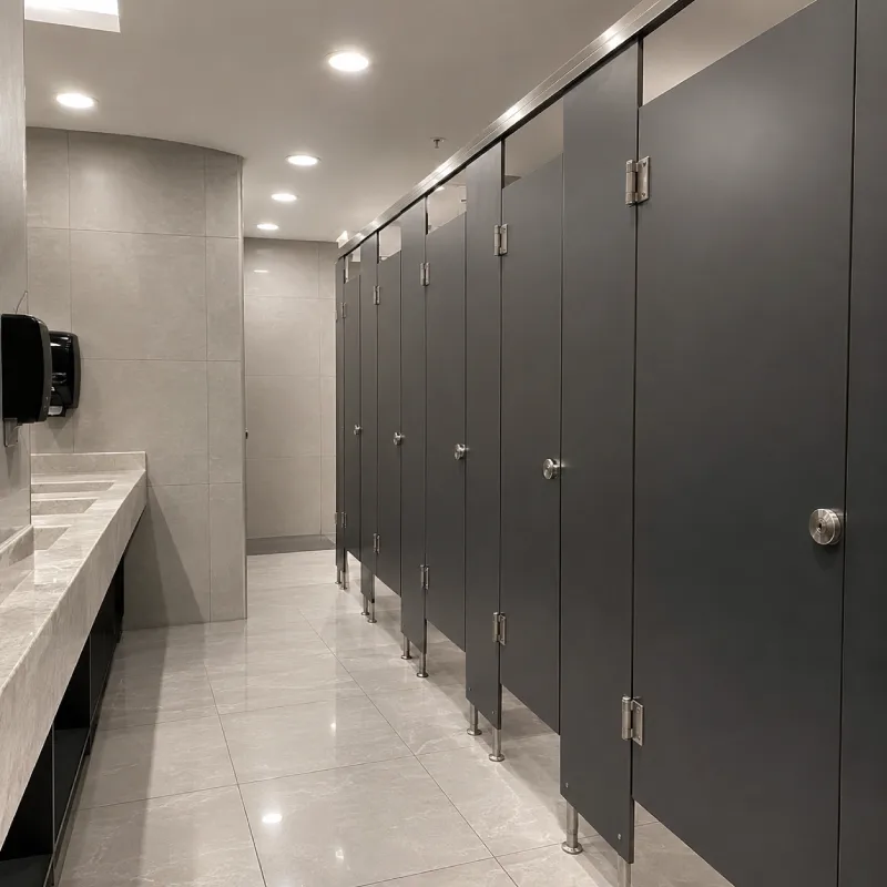  Módulos de mamparas de sólido fenólico color grafito con herrajes de acero inoxidable instaladas en baños de plaza comercial del Centro Histórico, Cuauhtémoc