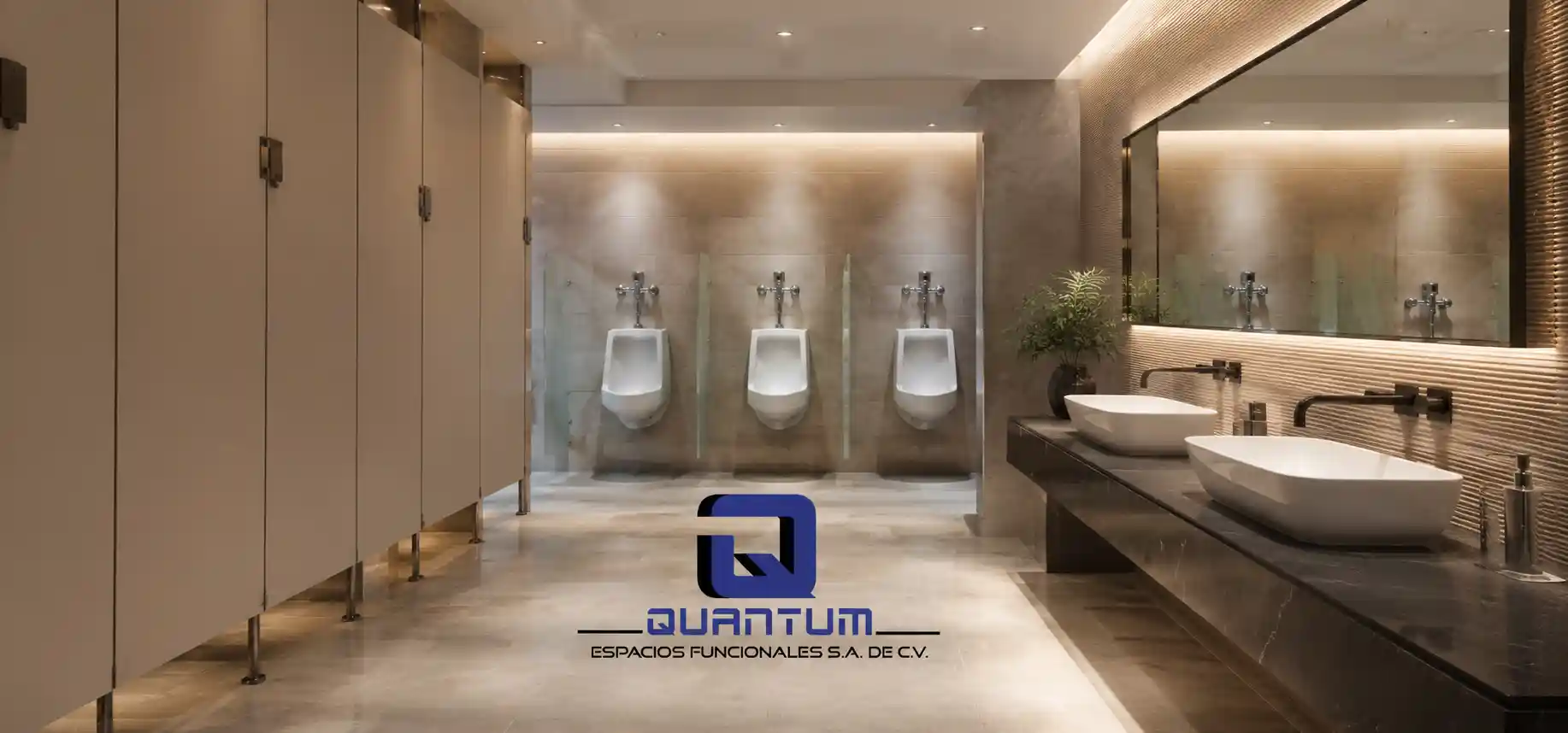 Mamparas Sanitarias y Baño Corporativo Premium — Cuautitlán Izcalli Baño corporativo de lujo con mamparas sanitarias beige, mingitorios, lavabos dobles y gran espejo retroiluminado, instalado en Cuautitlán Izcalli por Mamparas Funcionales