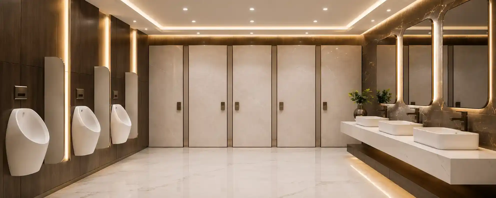 Baño de lujo con mamparas de piso a techo en acabado de mármol beige y herrajes dorados, mingitorios y lavabos sobre cubierta de piedra con iluminación cálida, Mamparas Sanitarias Tulancingo de acabado premium.