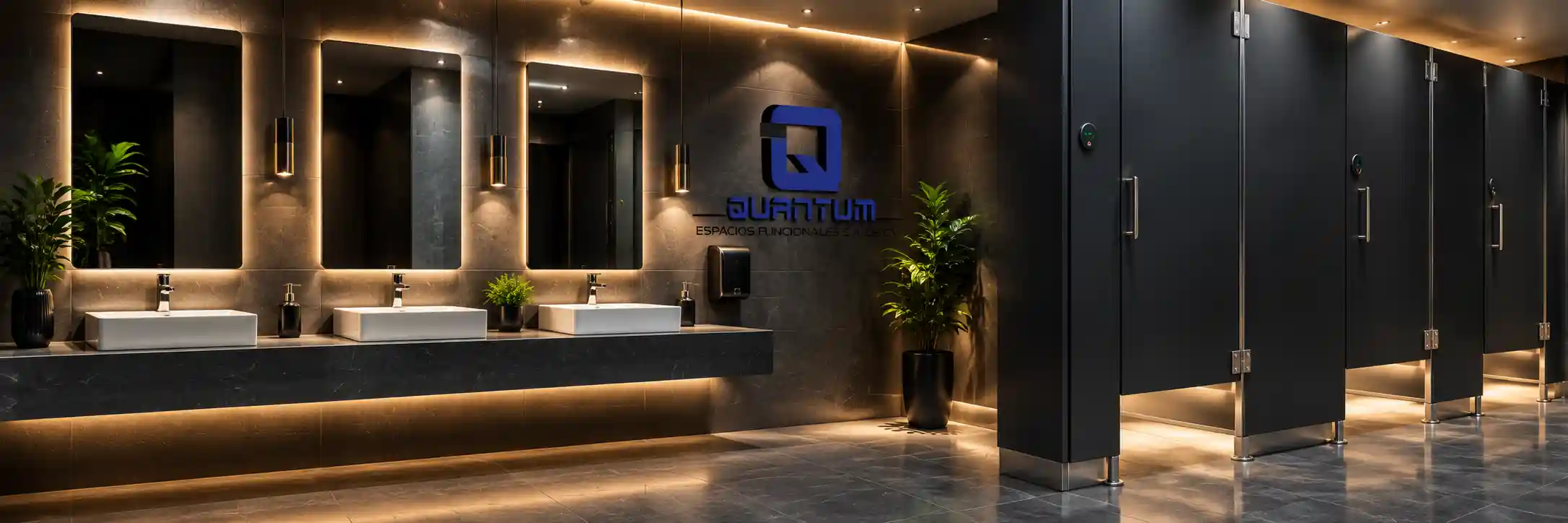 Baño corporativo de lujo con mamparas sanitarias oscuras, lavabos dobles, espejos retroiluminados e iluminación LED ambiental, instalado en Ecatepec de Morelos por Mamparas Funcionales