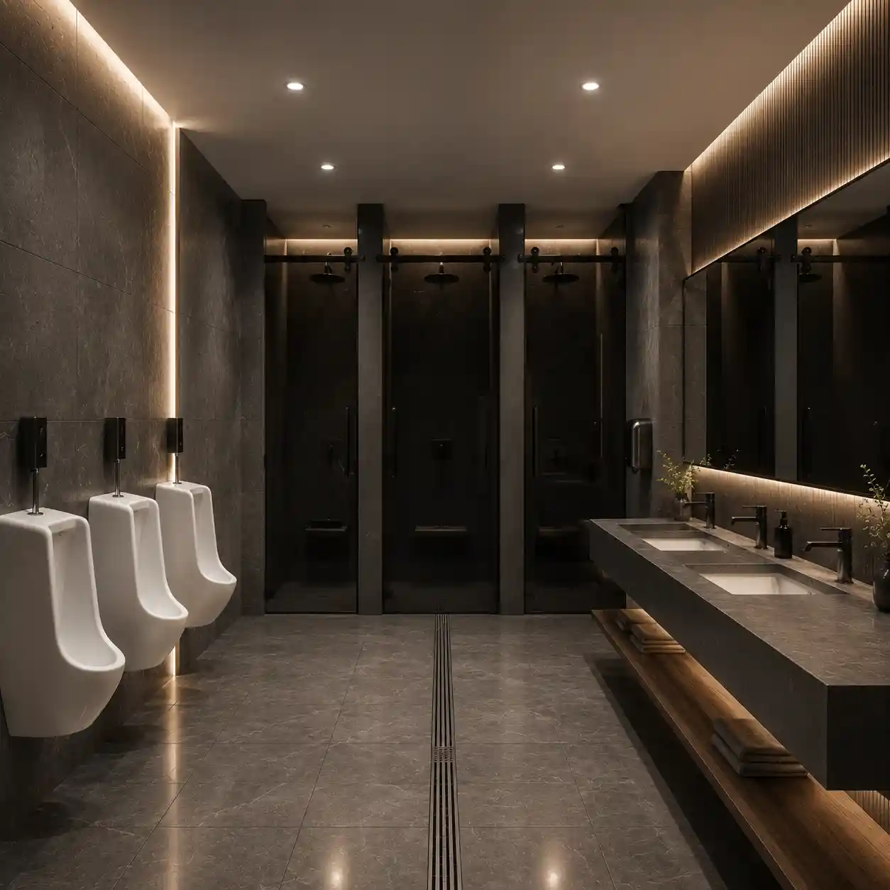 Canceles de Vidrio Templado y Duchas — Bosques del Lago, Cuautitlán Izcalli Canceles de vidrio templado oscuro a medida con herrajes premium en las duchas de un inmueble en Bosques del Lago, Cuautitlán Izcalli, instalados por Mamparas Funcionales