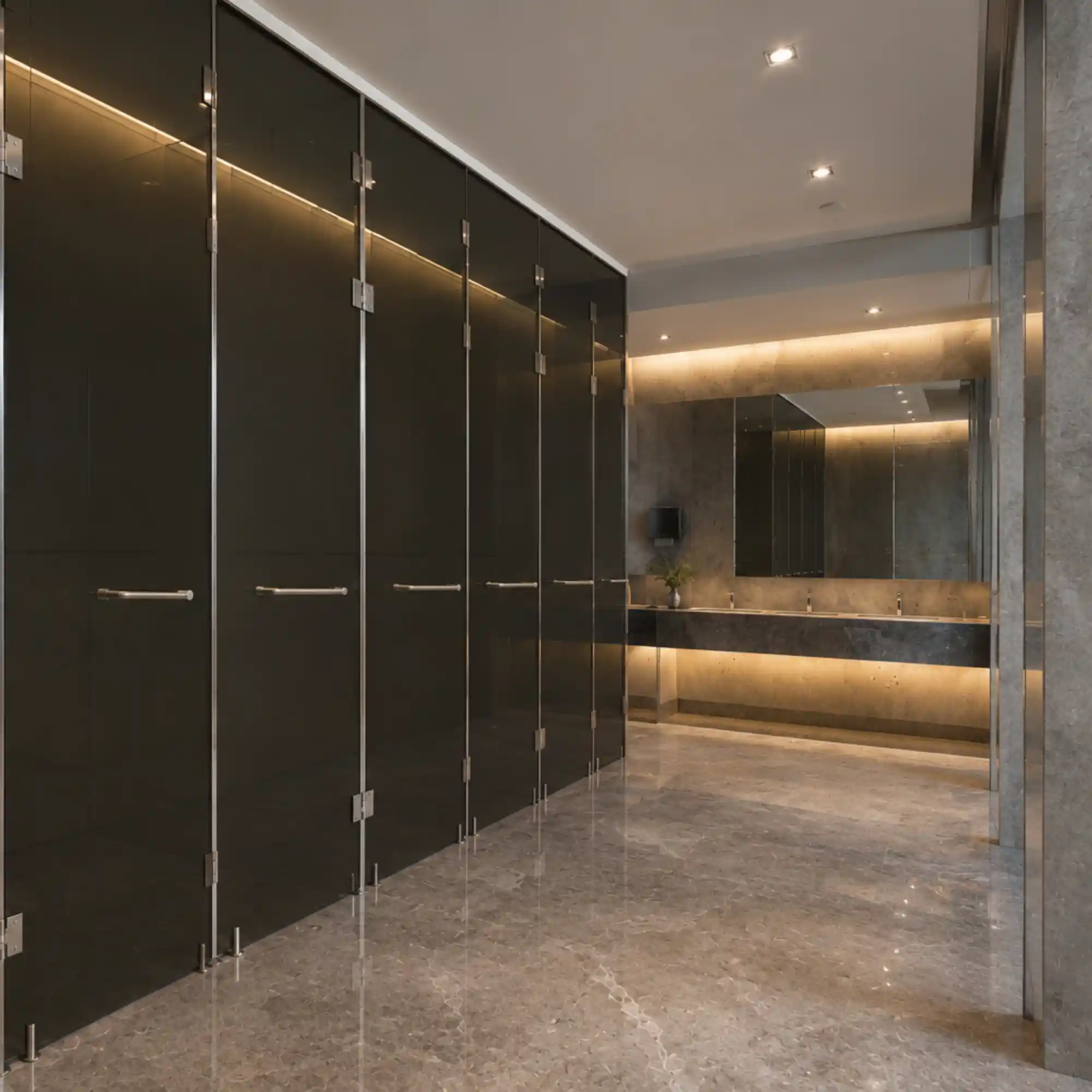 "Instalación a medida de canceles de vidrio templado oscuro con herrajes y perfiles de aluminio en los sanitarios de un corporativo en Valle de San Javier. Se aprecia el acabado elegante, la iluminación cálida y el piso de mármol pulido