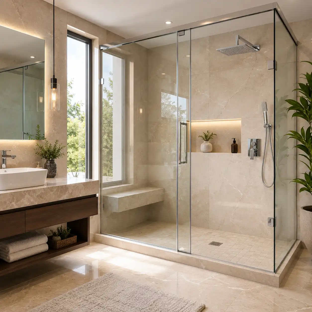 Cancel de ducha de vidrio templado transparente con puerta corrediza y herrajes cromados en un baño residencial de lujo, muros y piso de mármol beige, banca integrada, regadera tipo lluvia, lavabo sobre cubierta con mueble de madera y luz natural de ventana — proyecto de Mamparas Funcionales en La Providencia, Metepec.