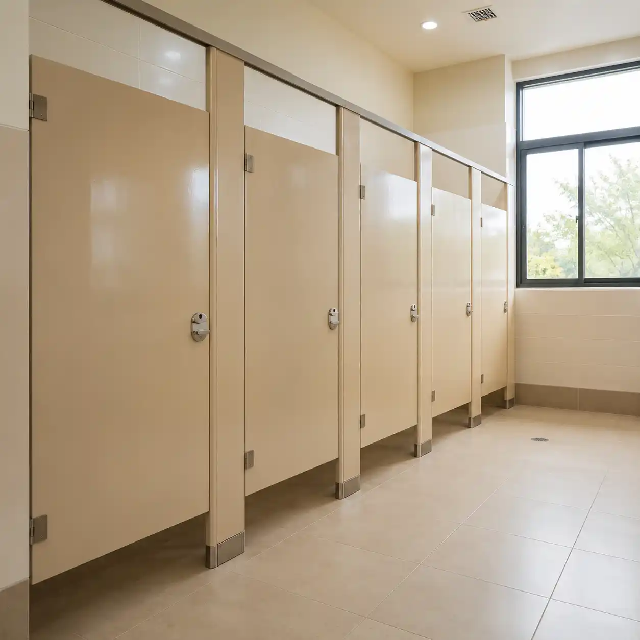 Mamparas Sanitarias Nezahualcóyotl esmaltadas color beige de superficie lisa con bisagras, pestillos indicadores y cubrepostes de acero inoxidable, instaladas en los sanitarios de una escuela con muros de azulejo claro, ventana con luz natural y piso de porcelanato beige — Mamparas Funcionales S.A. de C.V.