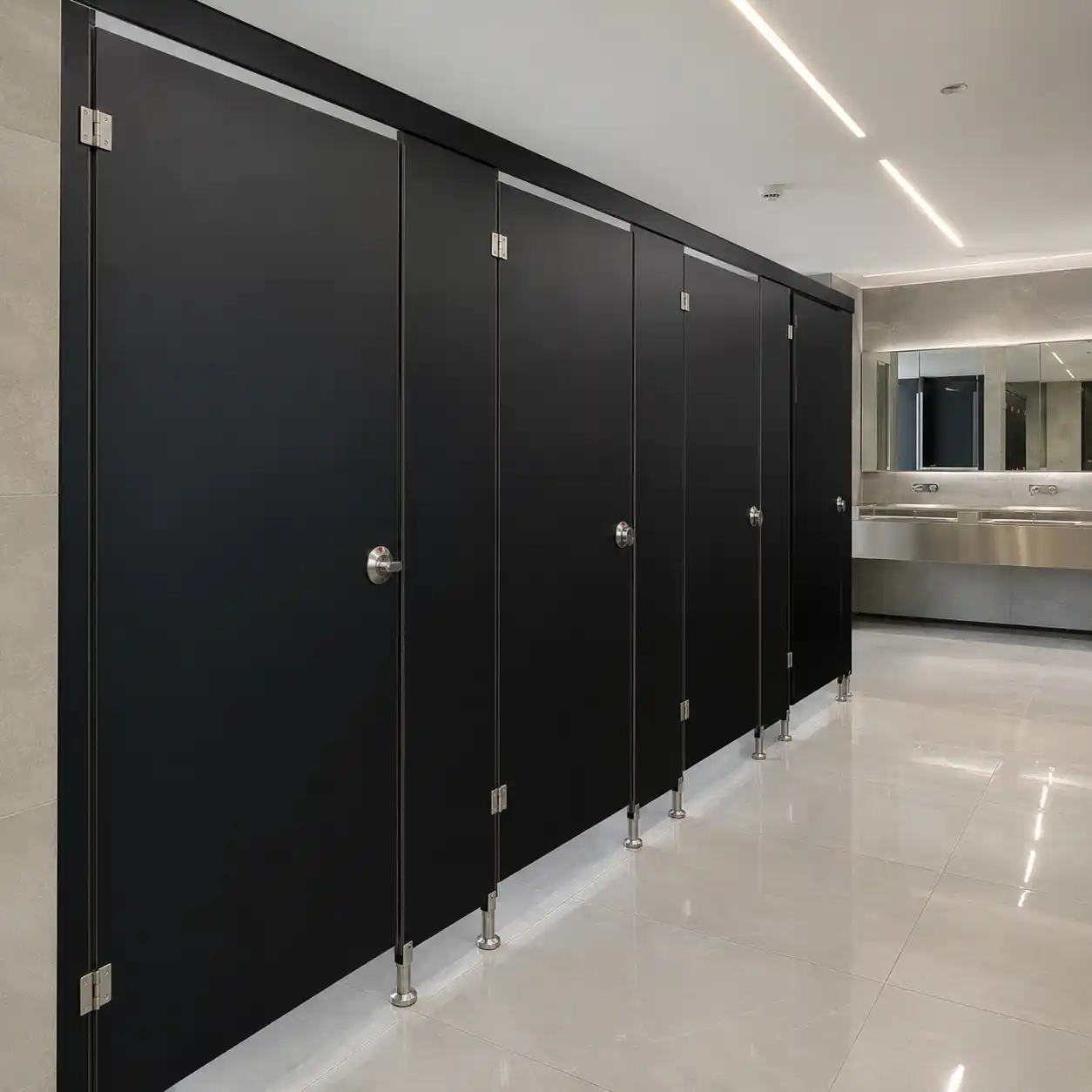 Mamparas Sanitarias Nezahualcóyotl de sólido fenólico color negro mate con bisagras, pestillos indicadores y postes de acero inoxidable, instaladas en los sanitarios de una plaza comercial con piso de porcelanato gris claro y lavabos corridos de acero al fondo — Mamparas Funcionales S.A. de C.V.