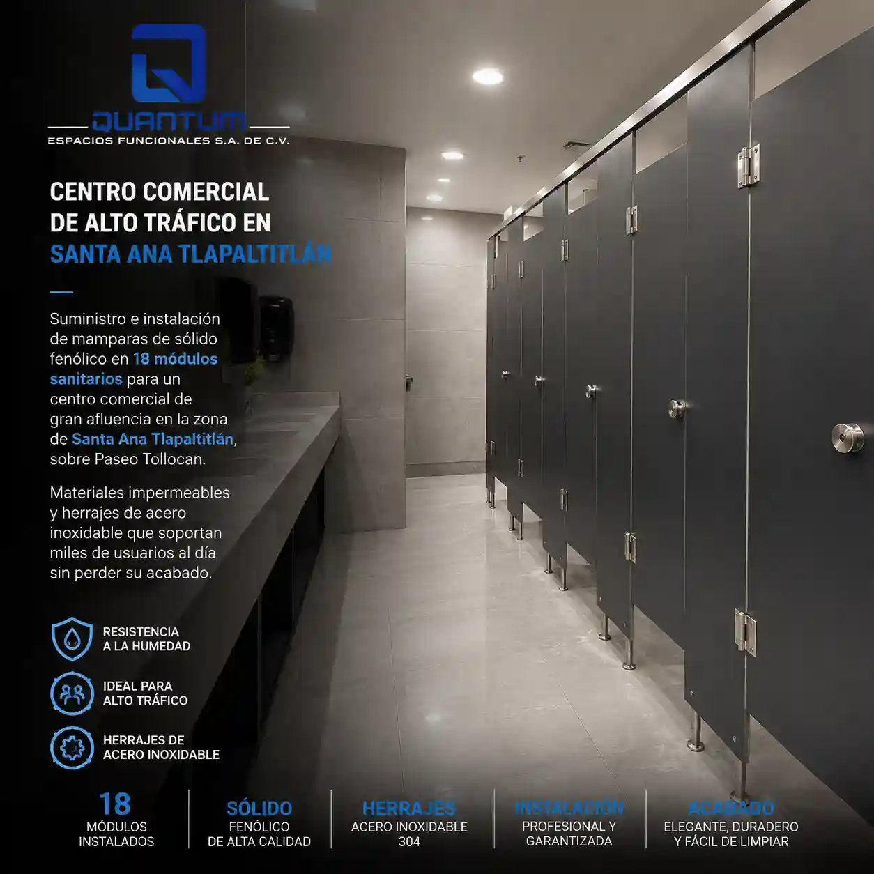  Mamparas de sólido fenólico gris oscuro con herrajes de acero inoxidable instaladas en 18 módulos sanitarios de un centro comercial de alto tráfico en Santa Ana Tlapaltitlán, Toluca de Lerdo, por Quantum Espacios Funcionales