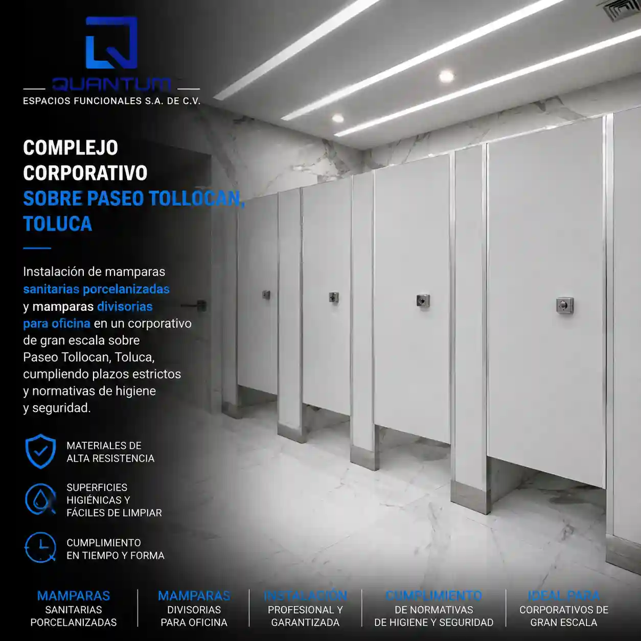  Mamparas sanitarias porcelanizadas blancas y mamparas divisorias para oficina instaladas en un complejo corporativo de gran escala sobre Paseo Tollocan, Toluca de Lerdo, por Quantum Espacios Funcionales