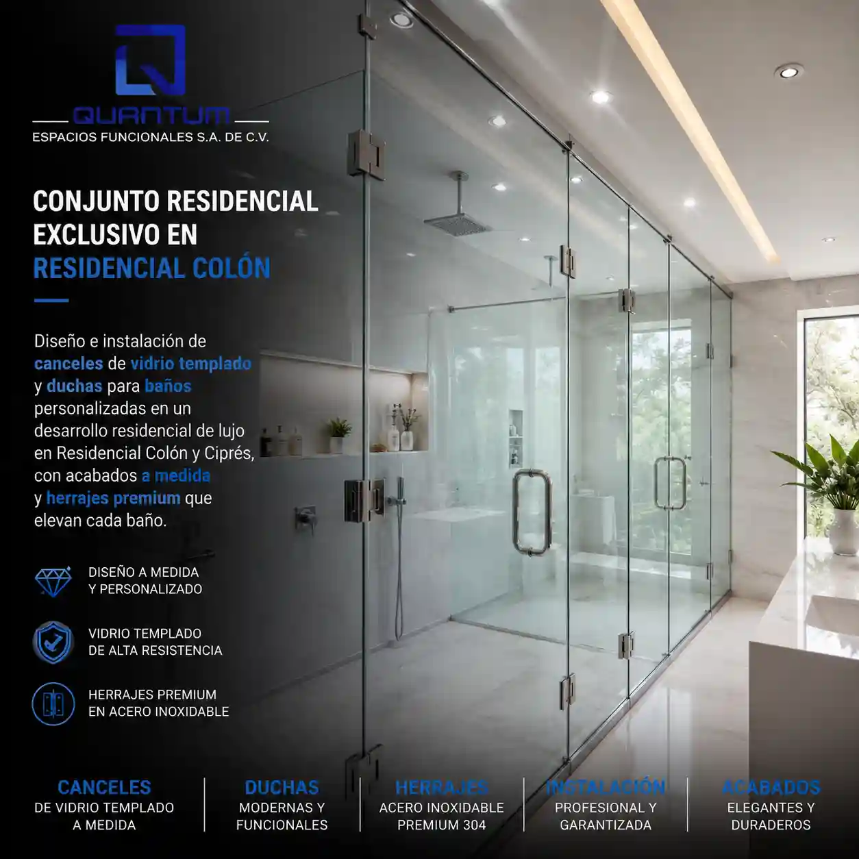 Canceles de vidrio templado a medida con herrajes premium de acero inoxidable instalados en las duchas de un desarrollo residencial de lujo en Residencial Colón, Toluca de Lerdo, por Quantum Espacios Funcionales