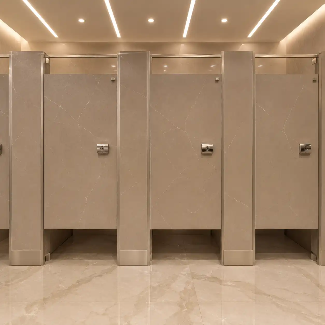Mamparas Porcelanizadas en Corporativo — Valle Dorado, Tlalnepantla Mamparas sanitarias porcelanizadas con acabado tipo mármol claro y herrajes de acero inoxidable instaladas en los baños de un corporativo en Valle Dorado, Tlalnepantla de Baz, por Mamparas Funcionales