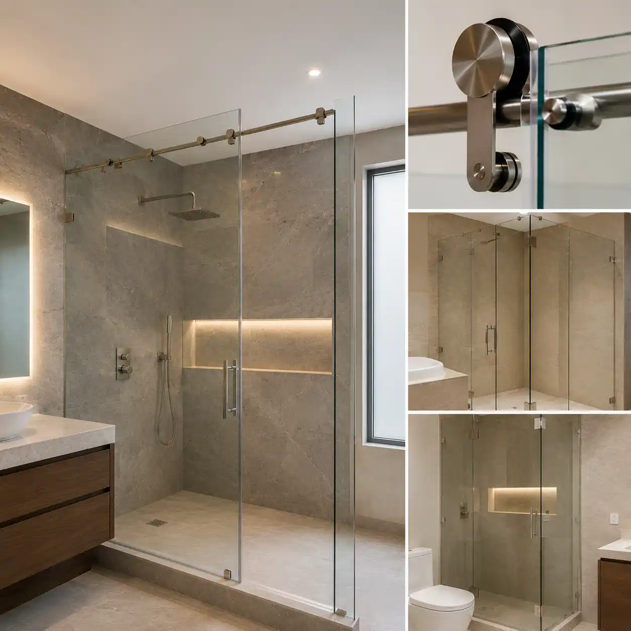 Collage de canceles de ducha de vidrio templado sin marco con herrajes de acero inoxidable: una ducha amplia con puerta corrediza sobre riel metálico, un detalle del rodamiento de acero inoxidable y dos cabinas esquineras con puertas abatibles, en baños residenciales de lujo con muros de mármol gris, nichos iluminados con LED y mueble de madera, en Fuentes del Valle, Tultitlán — Mamparas Funcionales