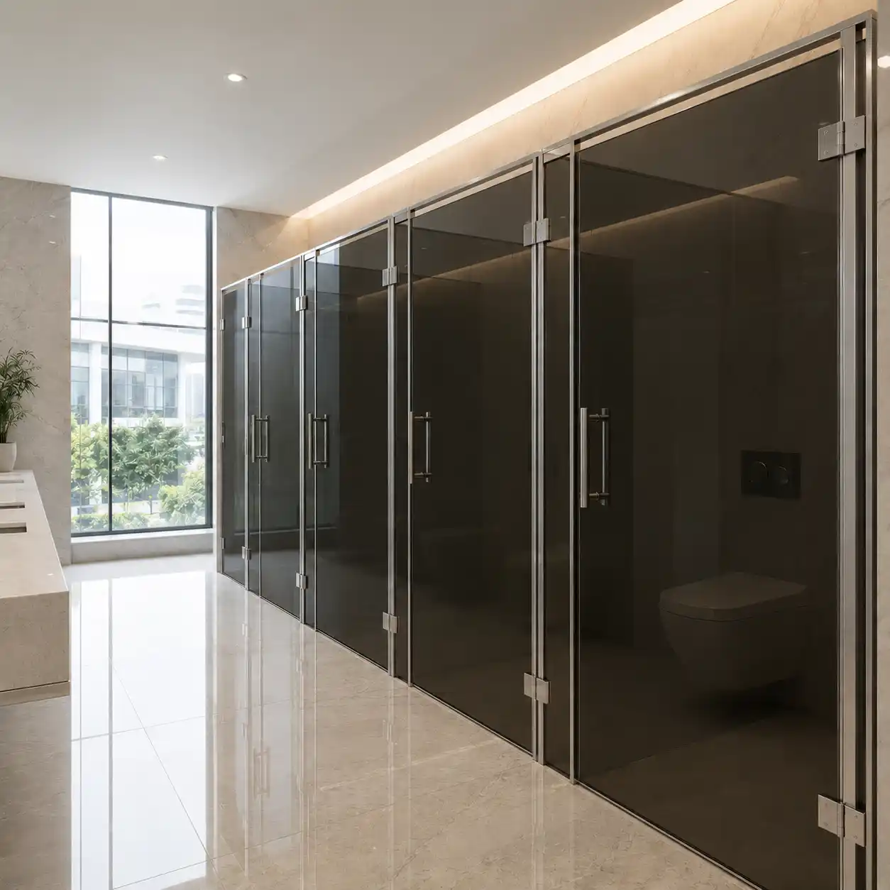 Mamparas Sanitarias Nezahualcóyotl de vidrio templado ahumado de piso a techo con estructura, herrajes y jaladeras tubulares de aluminio y acero inoxidable, instaladas en los sanitarios de un corporativo con muros y piso de mármol y ventanal con luz natural — Mamparas Funcionales S.A. de C.V.