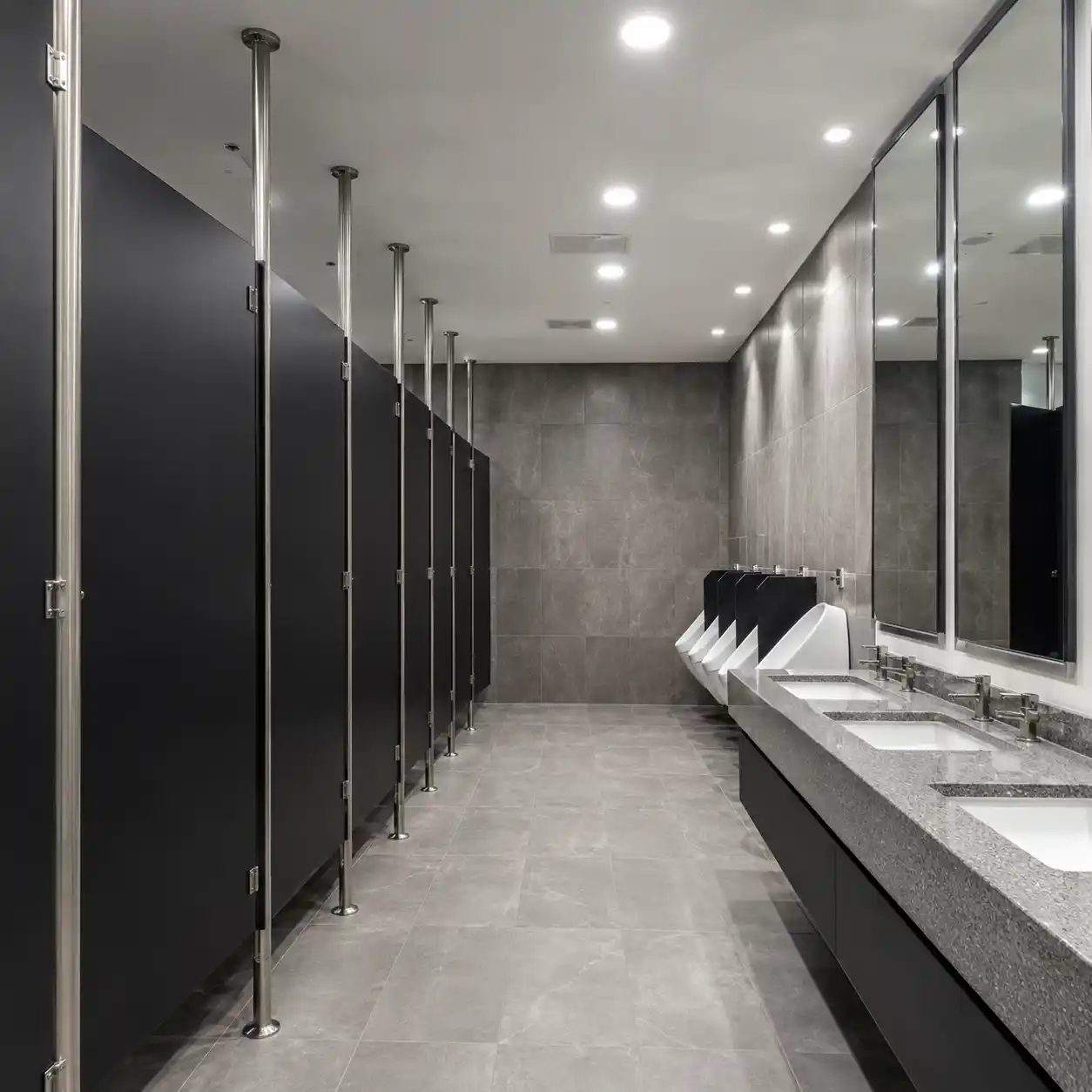 Fila de mamparas sanitarias de sólido fenólico color gris carbón con postes de acero inoxidable de piso a techo en un baño comercial moderno de Lechería, Tultitlán; al fondo, mingitorios con divisiones oscuras y una barra de lavabos de granito gris bajo espejos, piso de porcelanato gris — Mamparas Funcionales
