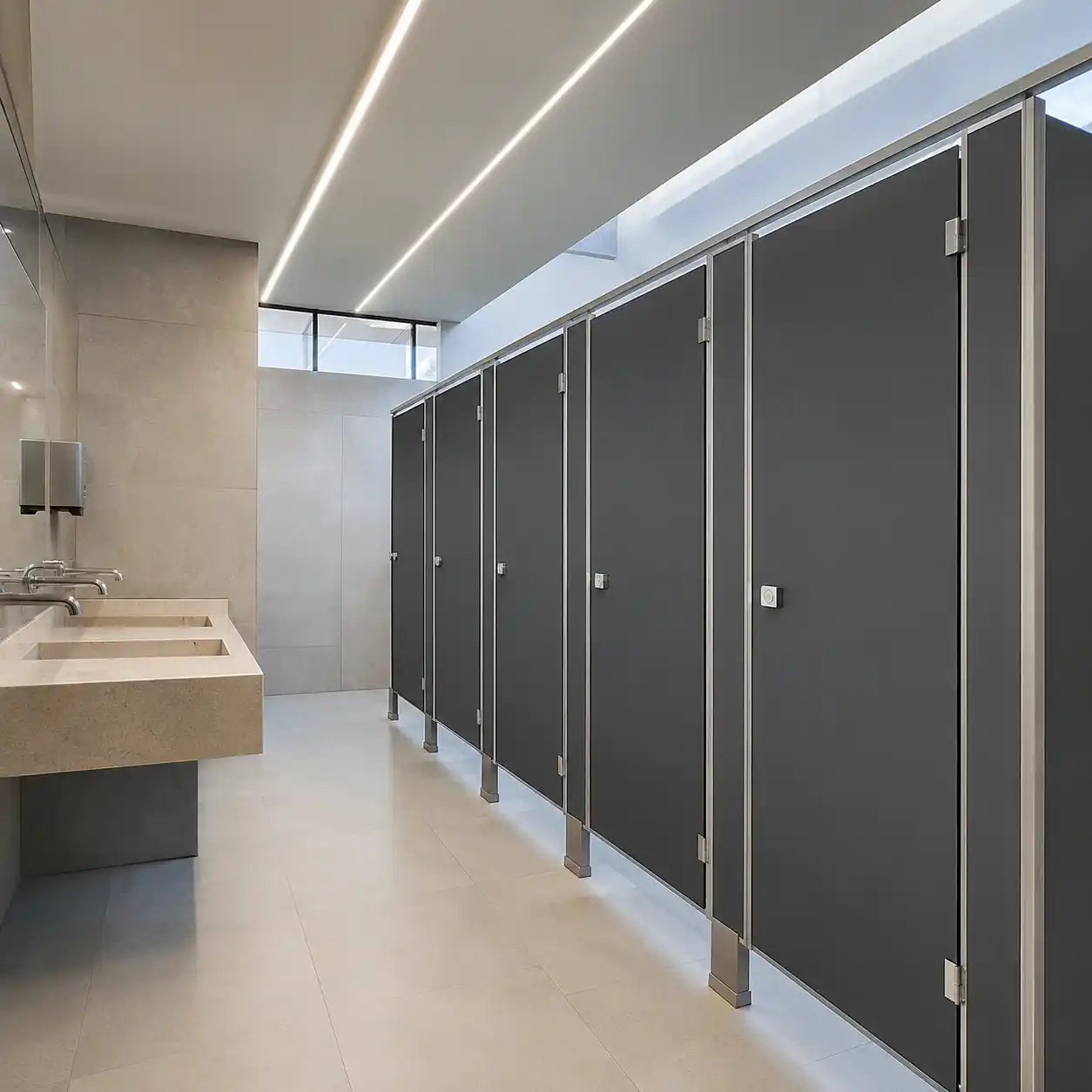 Instalación de mamparas sanitarias porcelanizadas en acabado grafito con estructura de aluminio en una nave corporativa del corredor industrial de Recursos Hidráulicos, Tultitlán — Mamparas Funcionales S.A. de C.V.