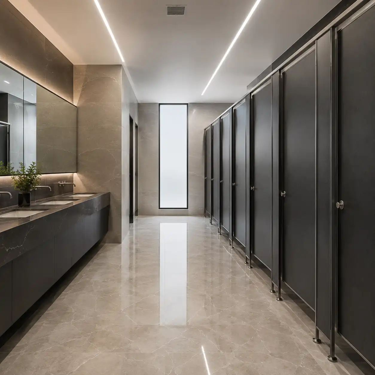 Hilera de mamparas sanitarias porcelanizadas en acabado grafito con postes y herrajes de acero inoxidable, instaladas piso a techo en el baño de un corporativo de gran escala; muros de mármol beige, piso de porcelanato pulido, doble lavabo con espejo retroiluminado e iluminación lineal en el plafón — proyecto de Mamparas Funcionales en San Carlos, Metepec.