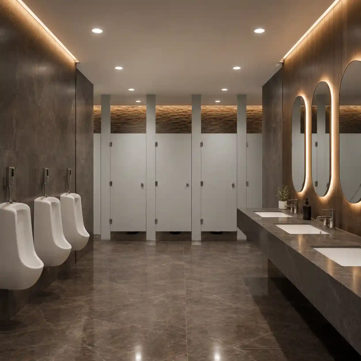 Mamparas Sanitarias en Baño Corporativo — La Quebrada, Cuautitlán Izcalli Baño corporativo de lujo con mamparas sanitarias claras, mingitorios, lavabos de mármol y espejos retroiluminados, instalado en La Quebrada, Cuautitlán Izcalli, por Mamparas Funcionales
