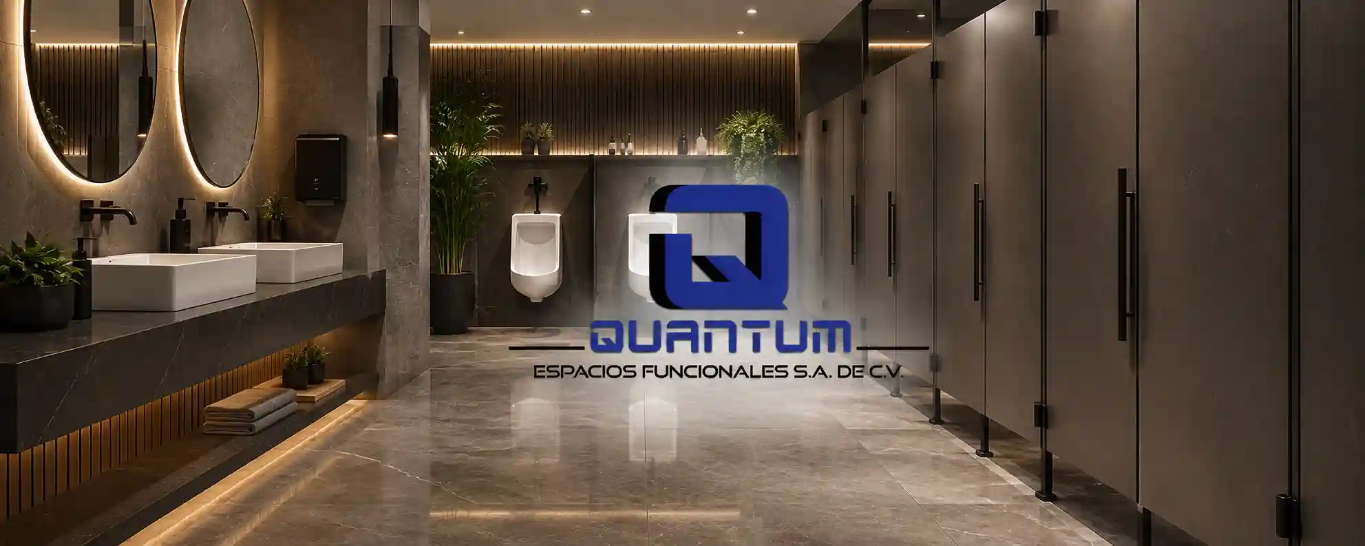 Baño corporativo de lujo con mamparas sanitarias oscuras, mingitorios, lavabos dobles, espejos retroiluminados e iluminación LED ambiental, instalado por Quantum Espacios Funcionales en Toluca de Lerdo