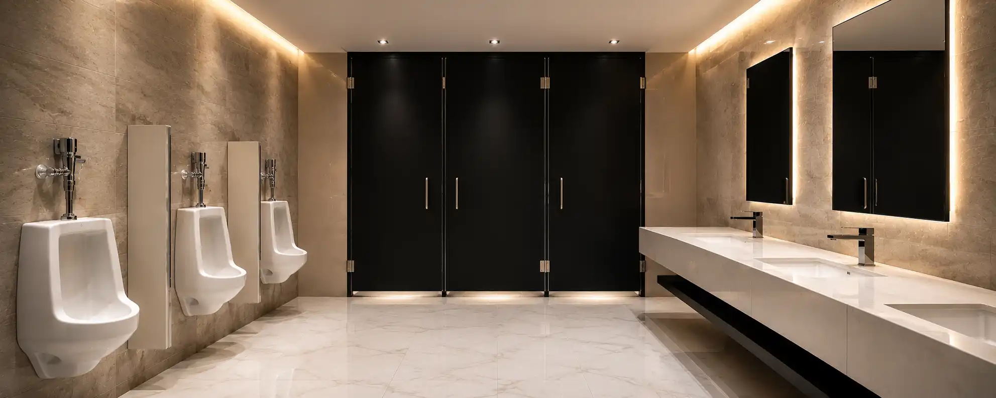 Baño corporativo de lujo con mamparas sanitarias negras de gran formato y herrajes de acero inoxidable, mingitorios en muro de mármol beige, doble lavabo con espejos retroiluminados y piso de mármol blanco — Mamparas Sanitarias Metepec por Mamparas Funcionales S.A. de C.V.