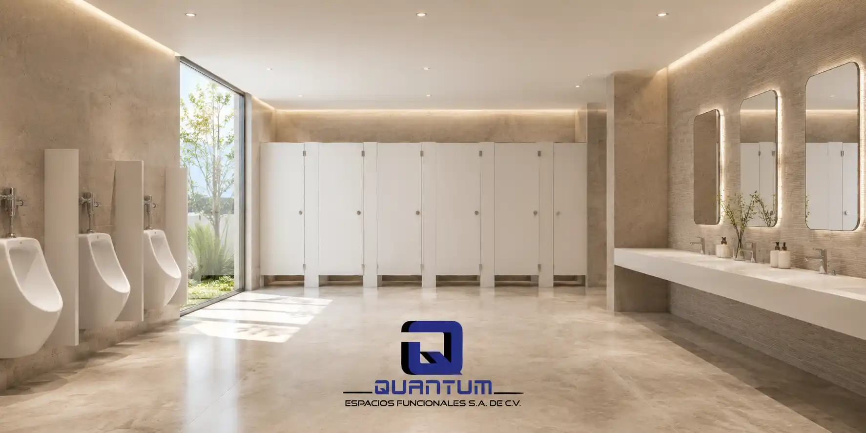 Mamparas Sanitarias Nezahualcóyotl: amplio baño corporativo de lujo con divisiones blancas de piso a techo, mingitorios, lavabos dobles con espejos retroiluminados, muros de mármol travertino y ventanal con vegetación — Mamparas Funcionales S.A. de C.V.
