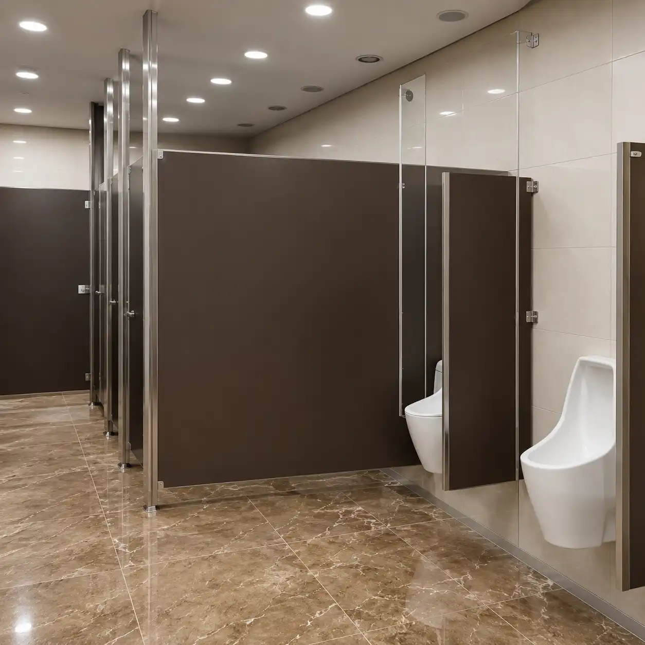 Mamparas Sanitarias Nezahualcóyotl de Panelart melamínico en color chocolate con postes de aluminio y divisiones de mingitorios en un baño con muros de azulejo claro — Mamparas Funcionales S.A. de C.V.