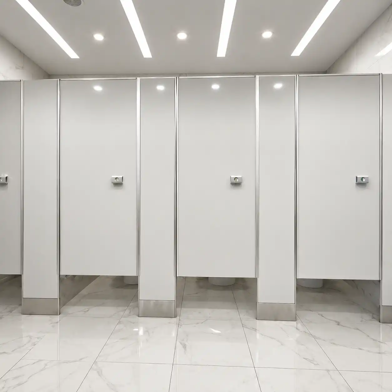Mamparas Sanitarias Nezahualcóyotl porcelanizadas en color blanco con marcos y postes de aluminio y zócalos de acero inoxidable, instaladas sobre piso de mármol blanco en un baño comercial iluminado — Mamparas Funcionales S.A. de C.V.