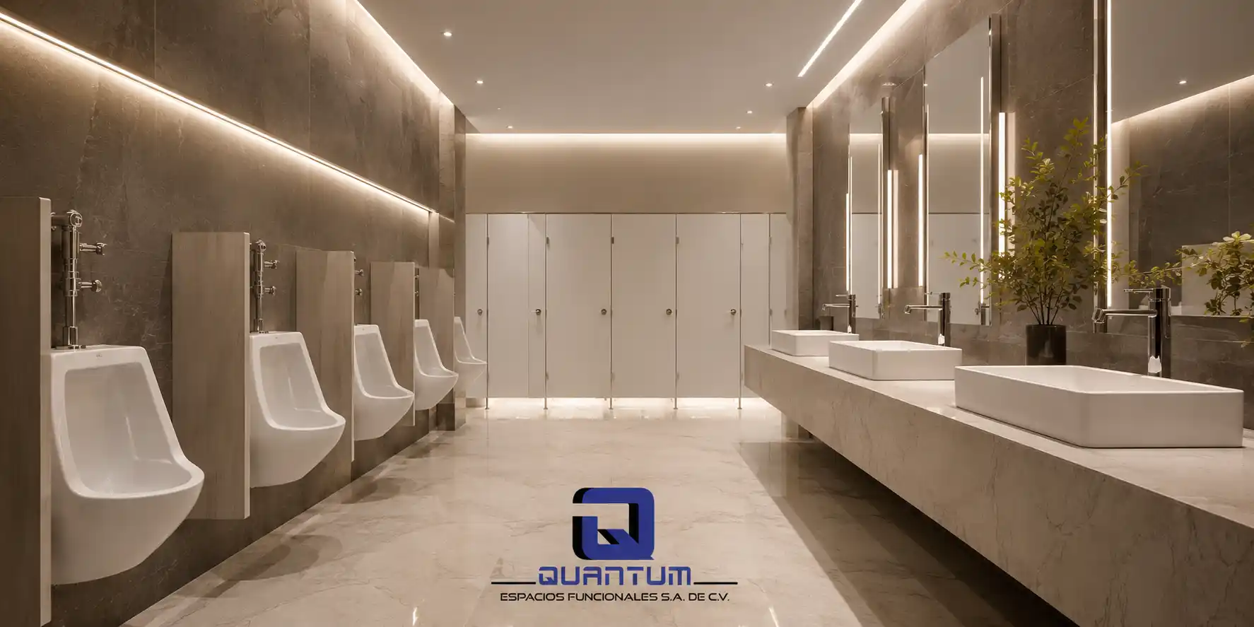 Mamparas Sanitarias Tultitlán: amplio baño comercial premium con módulos de mamparas color beige al centro, fila de mingitorios con divisiones a la izquierda, muros de mármol gris, barra de lavabos tipo vessel con espejos retroiluminados y plantas decorativas — Mamparas Funcionales