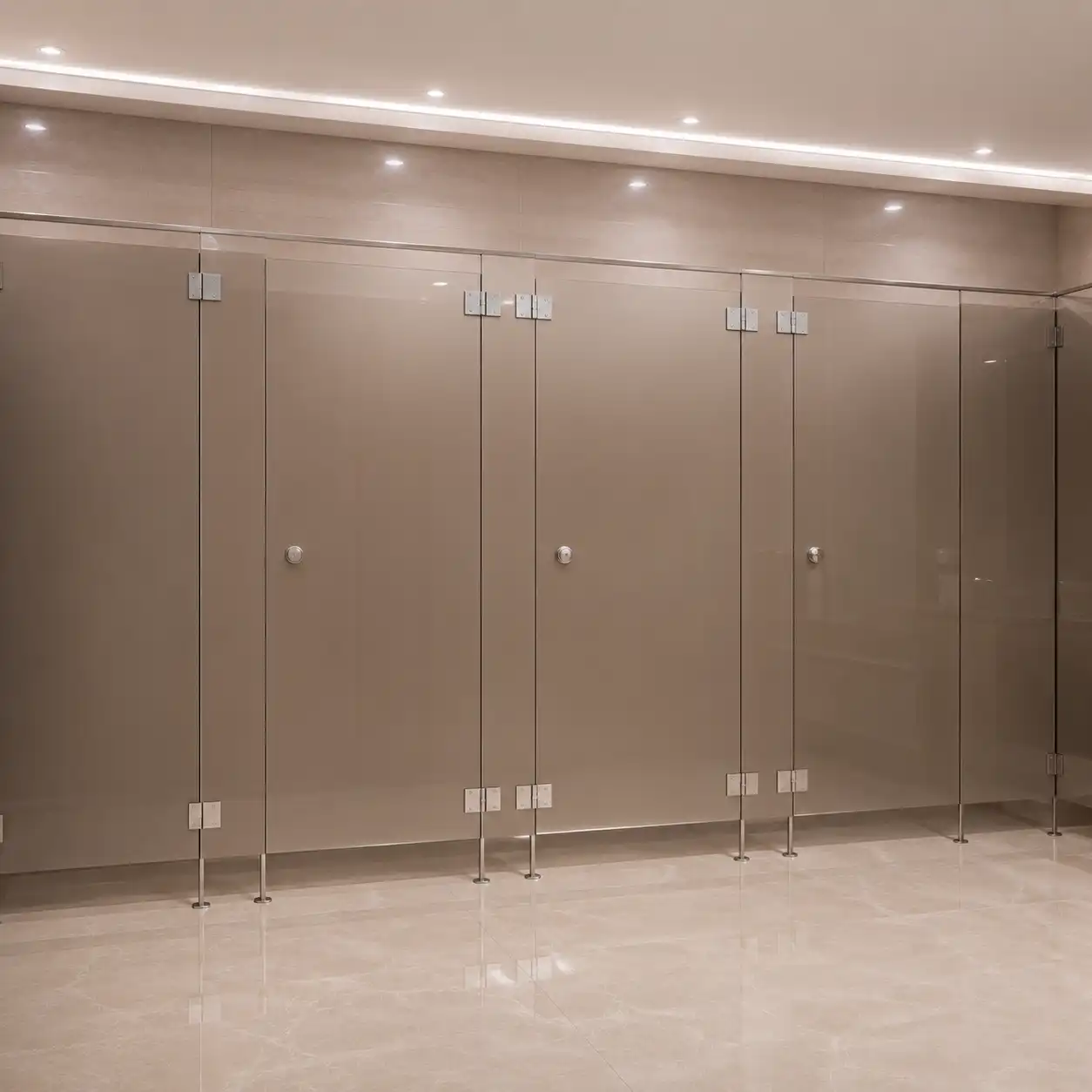 Canceles de vidrio templado tintado en tono bronce con herrajes cromados y postes a piso, en un baño con acabados de mármol beige — Mamparas Funcionales