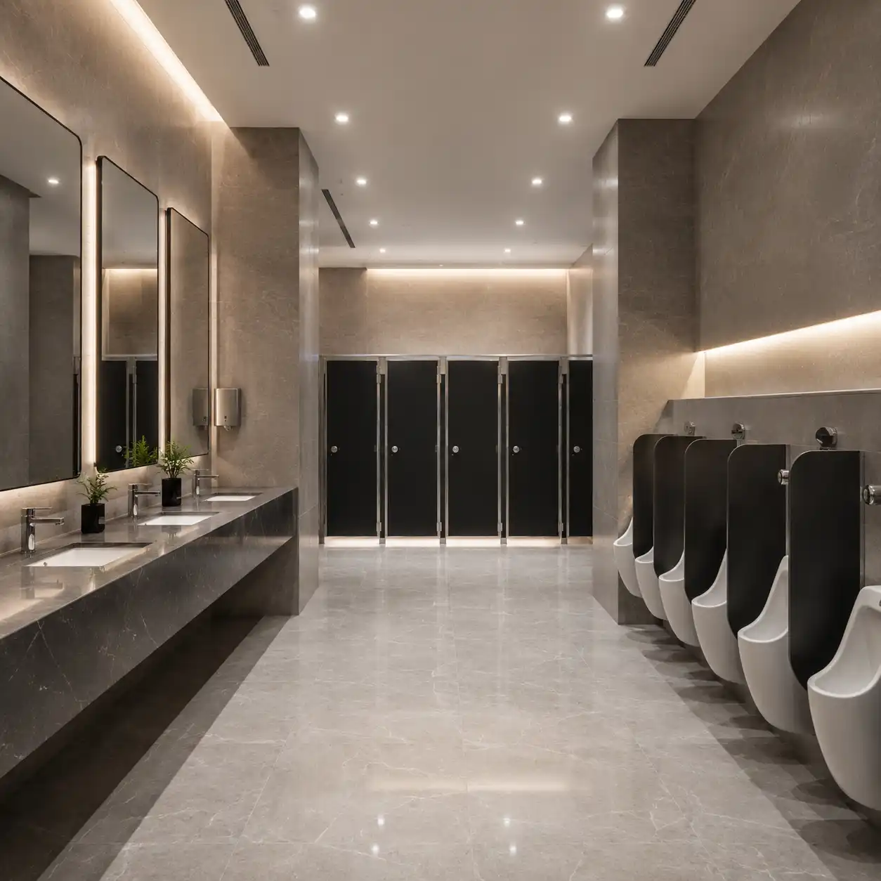 Baño de centro comercial de lujo con mamparas sanitarias de sólido fenólico en color negro y divisiones del mismo material entre los mingitorios, herrajes de acero inoxidable, muros y pisos de mármol gris, doble lavabo con espejos retroiluminados — proyecto de Mamparas Funcionales en Metepec, Estado de México.